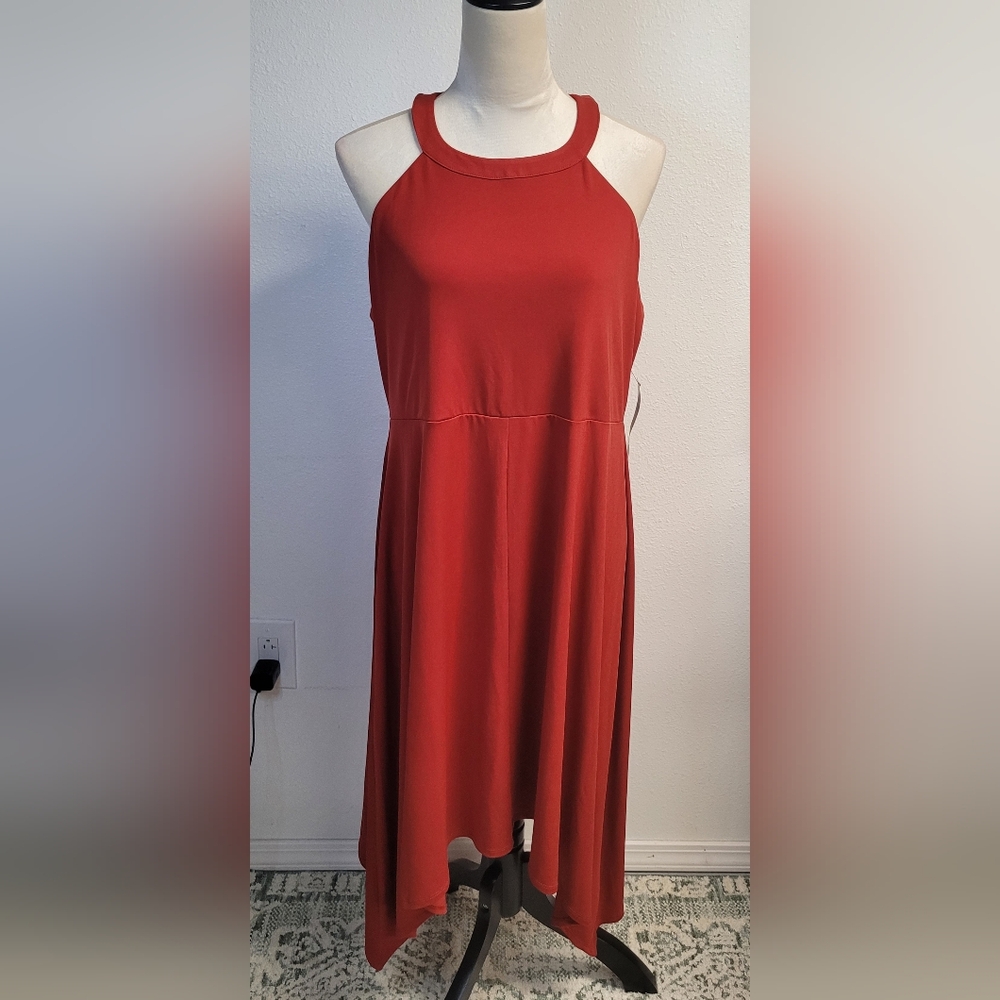 New York & Company Stretch Dress Asymmetric Halter XL Elegant Sleeveless Terraco